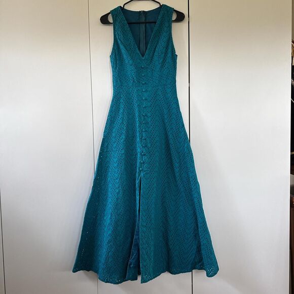 Vintage Blue Prairie Dress Country Cottage Eyelet Lace V Neck Maxi Dress Small - Picture 1 of 6